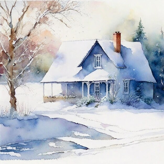 Photo watercolor winter season with house and trees