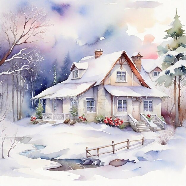 Watercolor Winter Season With House And Trees