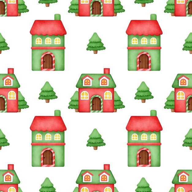 Watercolor Winter village seamless patterns.