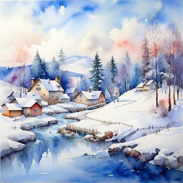 Watercolor Winter Village