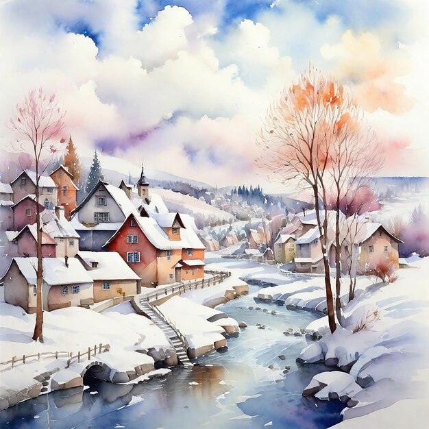 Watercolor Winter Village