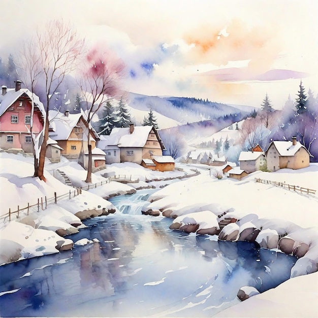 Watercolor Winter Village