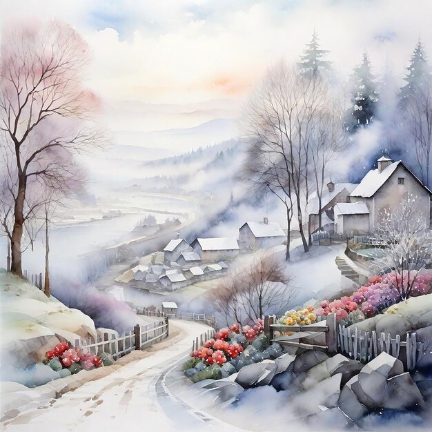 Watercolor Winter Village