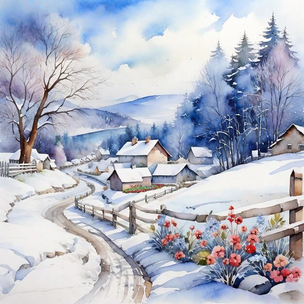 写真 水彩の冬の村