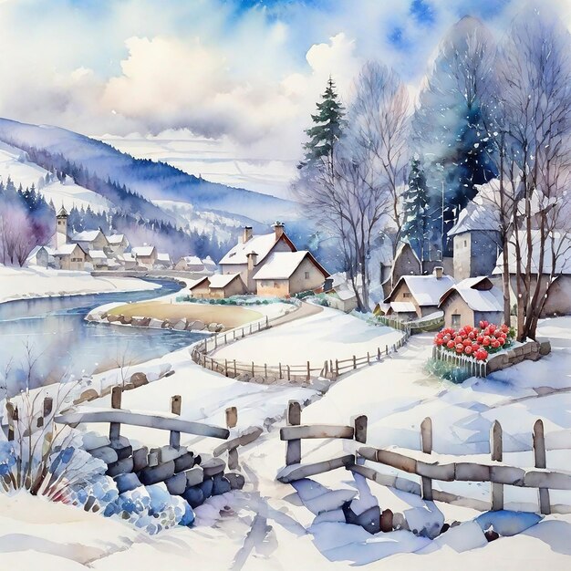 Watercolor Winter Village