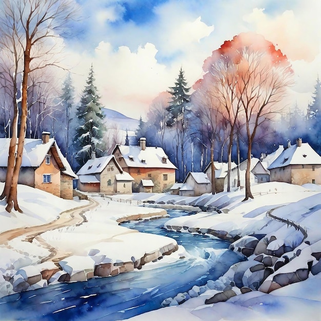 Watercolor Winter Village