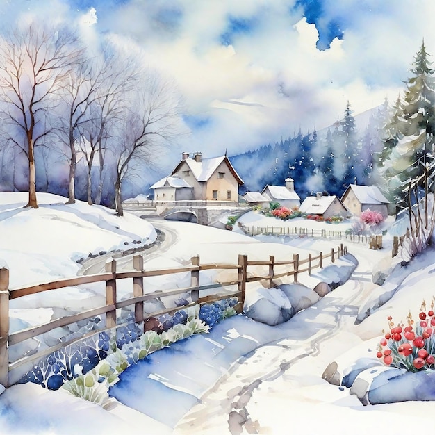 Watercolor Winter Village