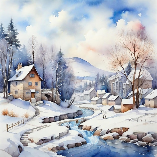 Watercolor Winter Village