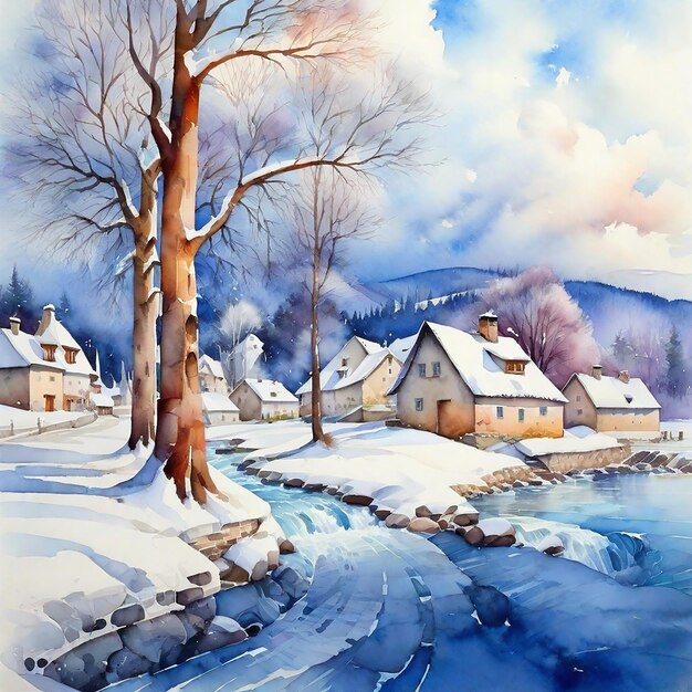 Watercolor Winter Village