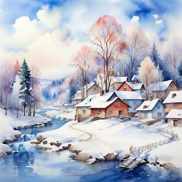 Watercolor Winter Village