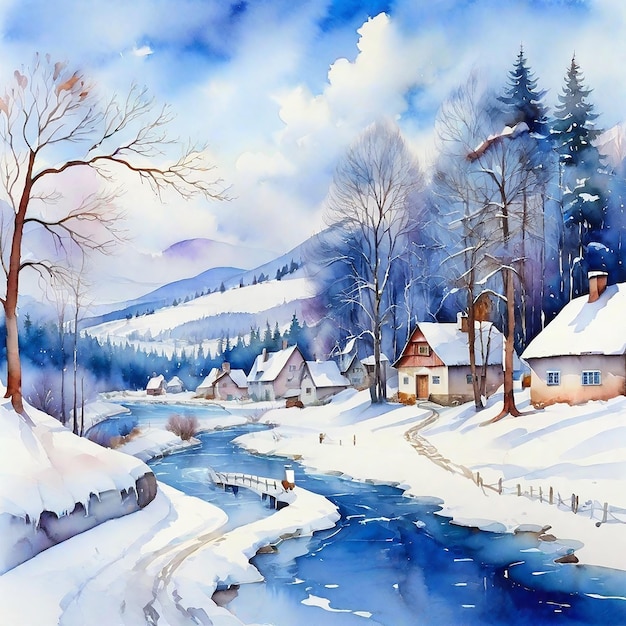 水彩の冬の村