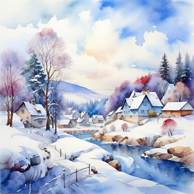 Watercolor Winter Village