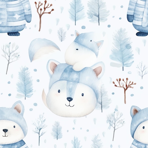 Watercolor Winter Wonderland Animals in Blue