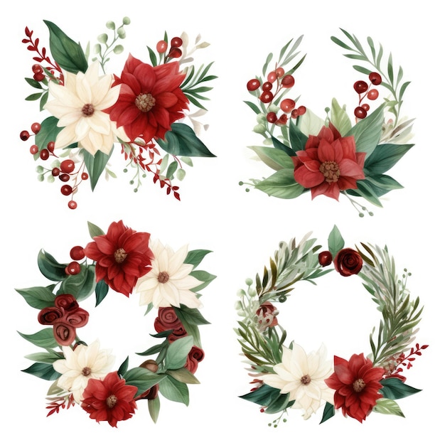 watercolor winter wreath decorative winter flowers set