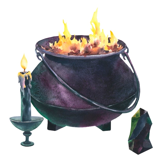 水彩の魔女の大釜のキャンドルとクリスタル手描きのハロウィーン クリップ アートの火と大釜のイラスト白い背景の分離のスケッチ