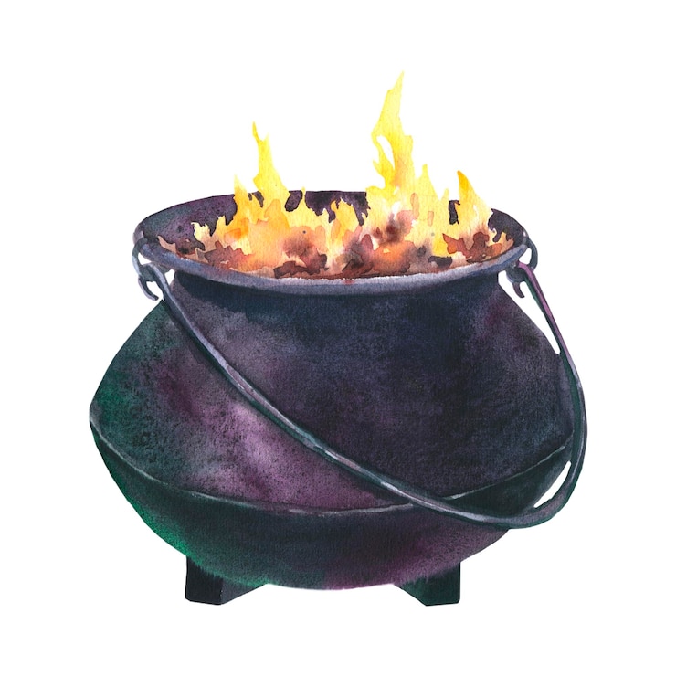Photo watercolor witch cauldron hand painted illustration of caldron with fire for halloween clip art isol