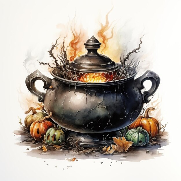 Watercolor witch's cauldron boilling magic potion Generative Ai