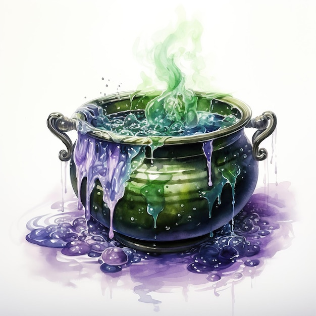 Watercolor witch's cauldron boilling magic potion Generative Ai