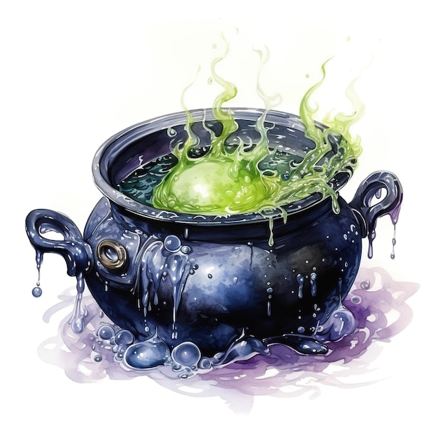 Photo watercolor witch's cauldron boilling magic potion generative ai