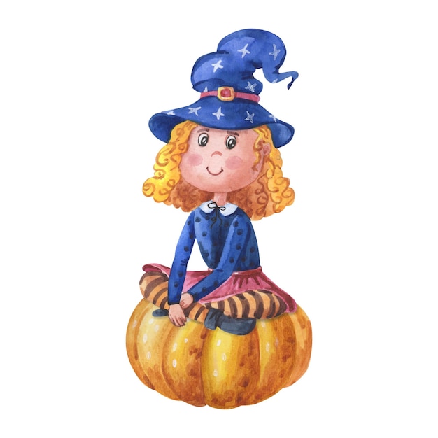 Watercolor witch sitting on pumpkin Illustration for Halloween holiday