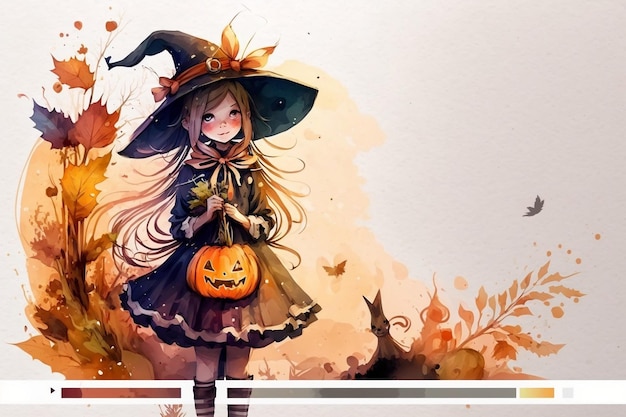 Watercolor witch with pumpkin for Halloween copy space Generative AI