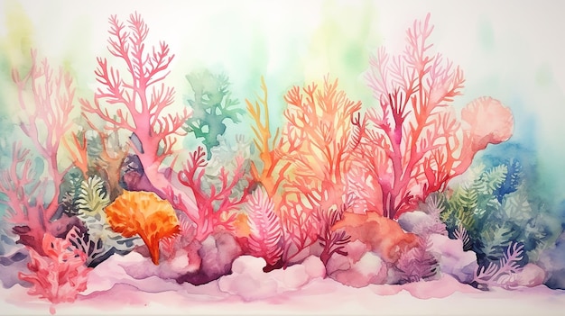 watercolor with underwater plants algae colored coral