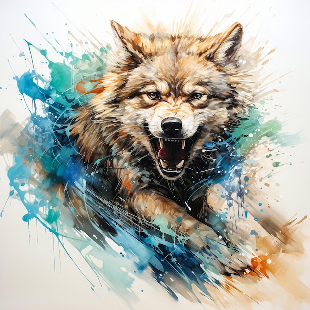 A watercolor wolf portrait exudes aggression with bold paint splashes