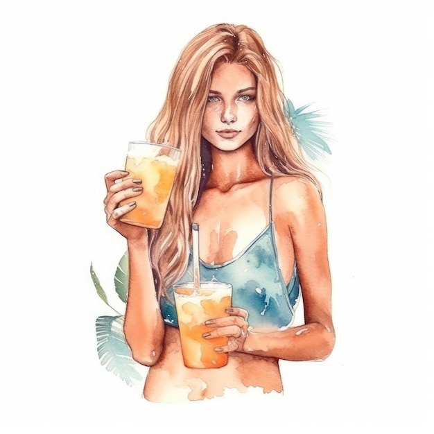 Watercolor of a woman in a bikini enjoying the sun and the beach