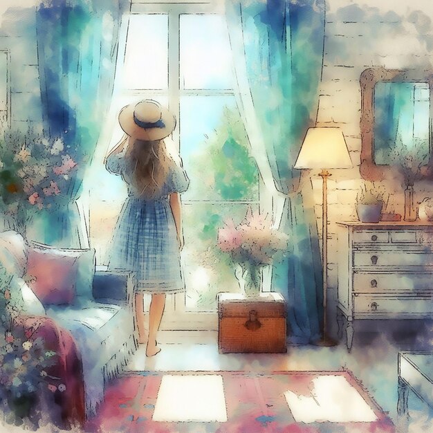 Watercolor woman in front of the window