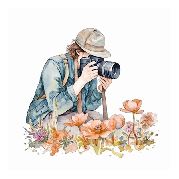 a watercolor woman photographer with flowers on white background