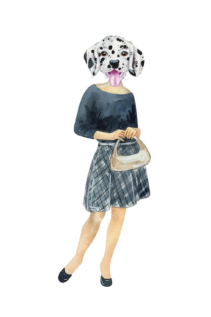 Watercolor woman with dog head modern art