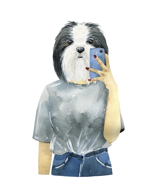 Watercolor woman with dog head taking selfie modern art