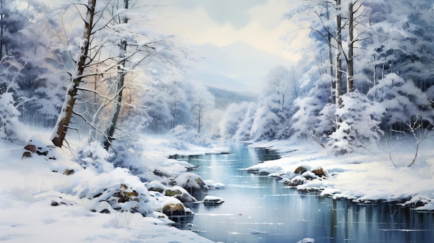 Акварель прекрасный зимний пейзаж 68