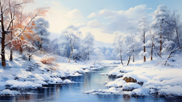 Акварель прекрасный зимний пейзаж 7