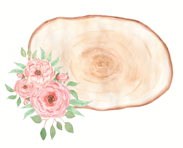 Watercolor wood slice clipart with coral floral bouquet. Pink peony wreath illustration. Wedding invitation card.Hand drawn spring greenery flowers arrangement. Wedding decor.