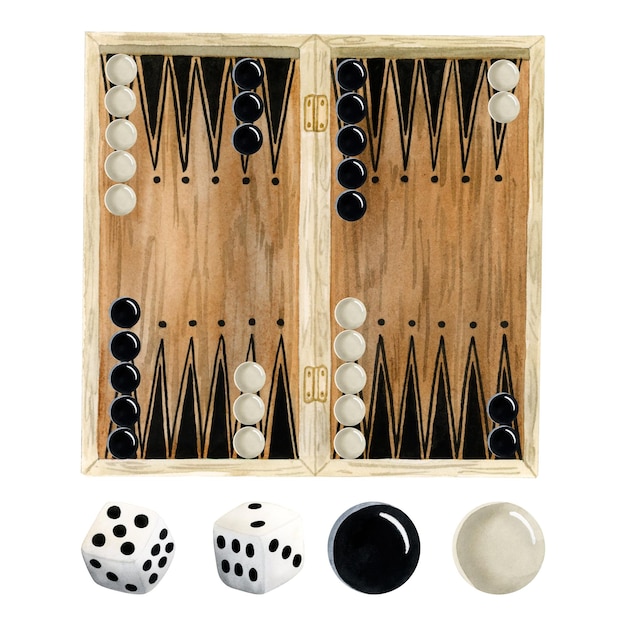 Watercolor wooden backgammon board with dices and black white chips gaming illustration set