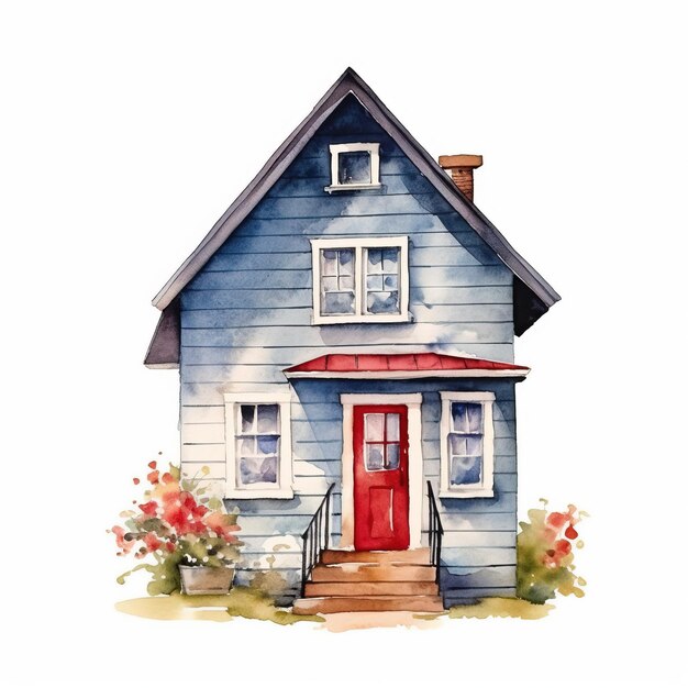 Watercolor wooden blue bungalow Handdrawn illustration isolated on the white background