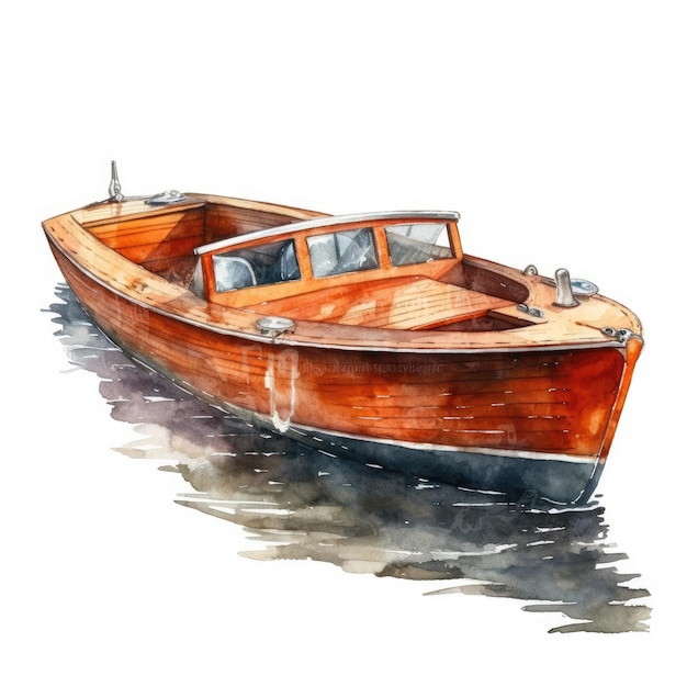 A watercolor wooden boat with a window and the name of the boat.