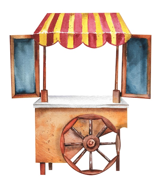 Photo watercolor wooden cart for street vending a kiosk with a multicolored awning on one wheel