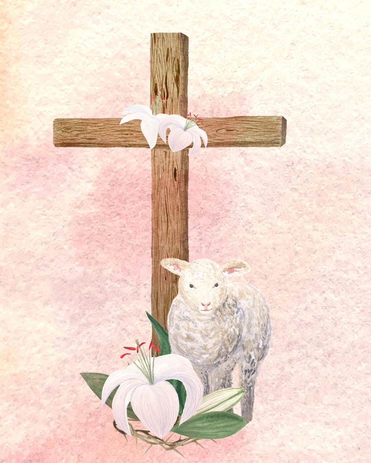 Photo watercolor wooden cross and lilies card for easter holy thursday religious illustration isolated on white