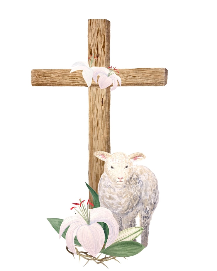 Photo watercolor wooden cross and lilies composition for easter holy thursday religious illustration isolated on white