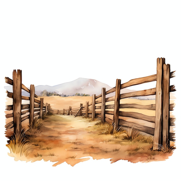 watercolor wooden fence western wild west cowboy desert illustration clipart