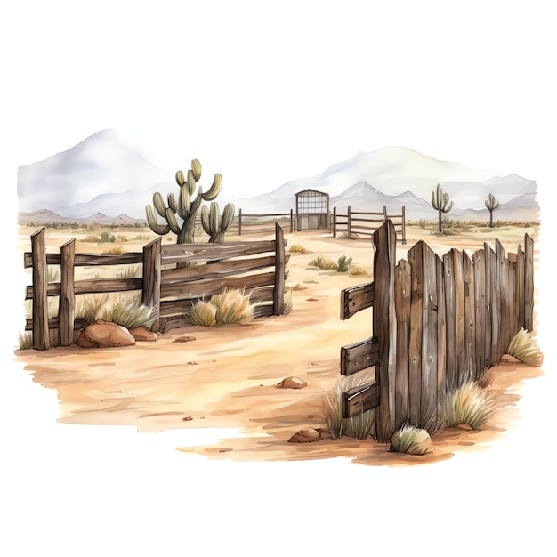 watercolor wooden fence western wild west cowboy desert illustration clipart