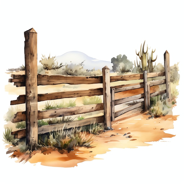 watercolor wooden fence western wild west cowboy desert illustration clipart
