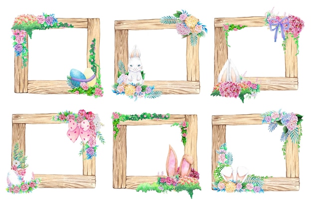 Watercolor wooden frame with spring easter decoration Watercolor illustrations