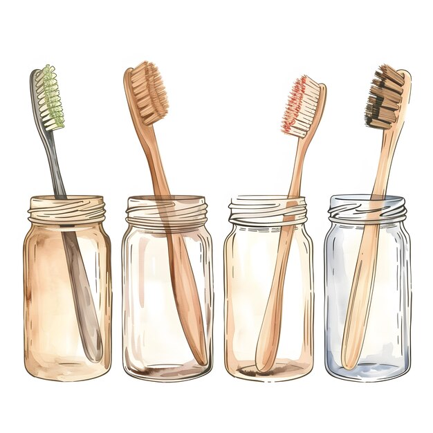 Watercolor wooden toothbrush in glass Ecofriendly lifestyle Wooden toothbrush