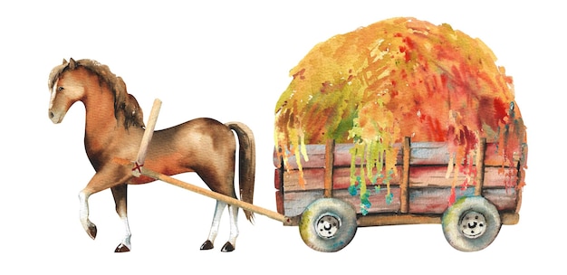 Watercolor wooden wagon An old wooden cart full of hay with a horse