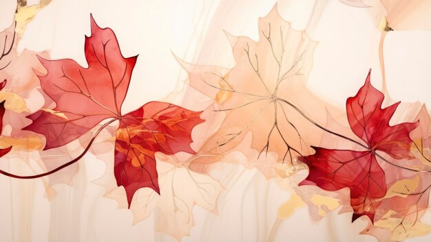 Watercolor works of maple leaf with gold lines