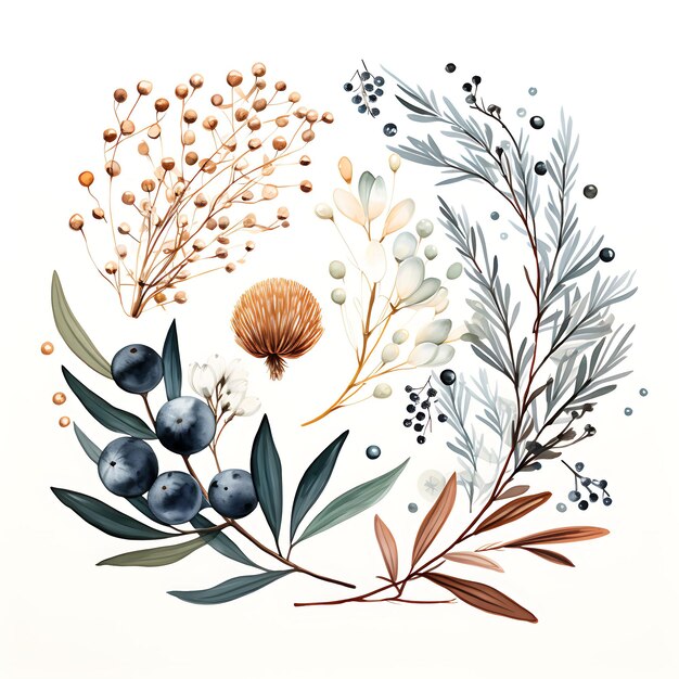 Watercolor of Wreath Berries Pine Branches Natural and Muted Color Palette Set Collection Art Fes