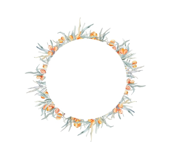 Watercolor wreath of branches and orange sea buckthorn berries Decorative element for greeting card